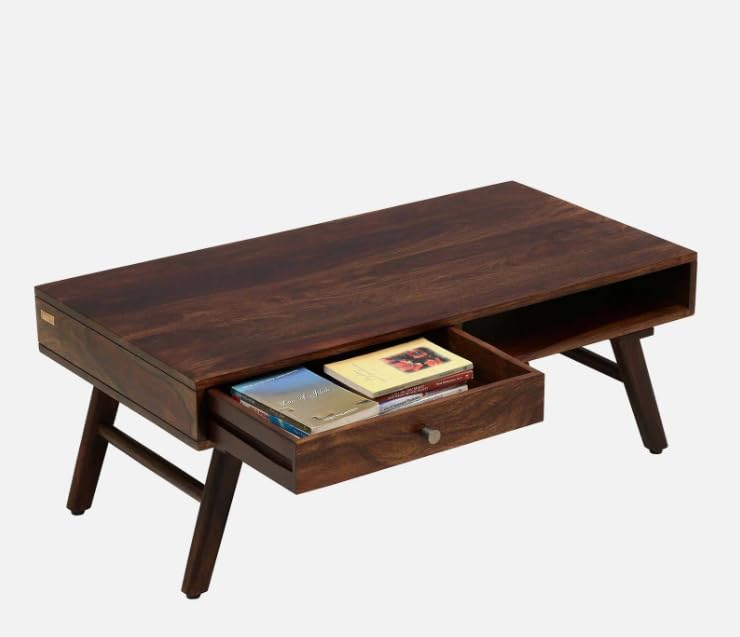 Image of Sheesham Wood Rectangular Center Coffee Table for Living Room | Centre Table with Drawer & Shelf Storage for Drawing Room, Office & Home | Teak Finish