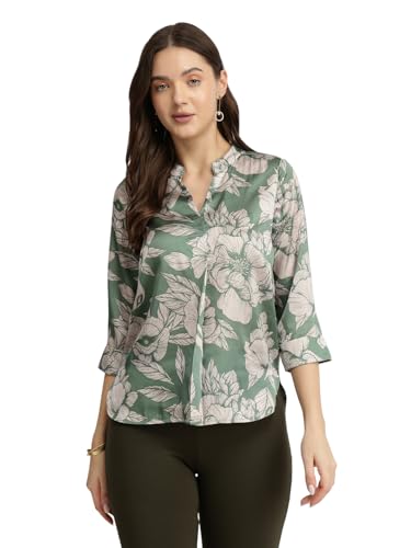 Image of FableStreet Women Shirt Work & Casual | Relaxed Fit Mandarin V-Neck Three-Quarter Sleeves Solid Pattern | Breathable Woven Fabric for Office & Everyday Wear