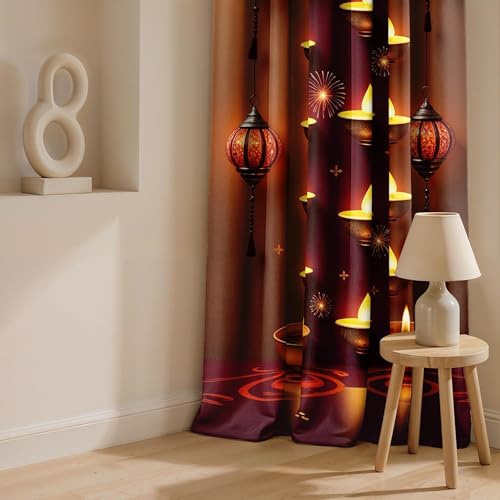 Image of Ultimate Trends Festival Themed Light Filtering Polyester Curtain Diya, Lantern, Lotus & Fireworks Print | Ideal for Diwali, Pooja Room, Living Room Dcor | Eyelets|, 8 FEET (Pack of 1)