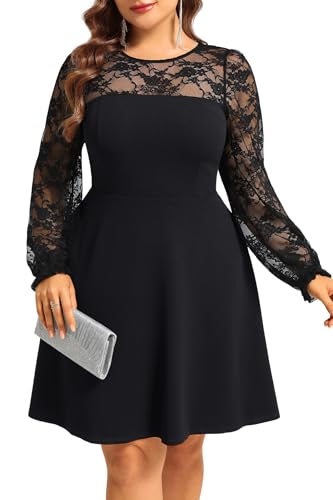 Image of Plus Size Cocktail Dress - Lace Wedding Guest Party Crew Neck Short A Line Dresses Women