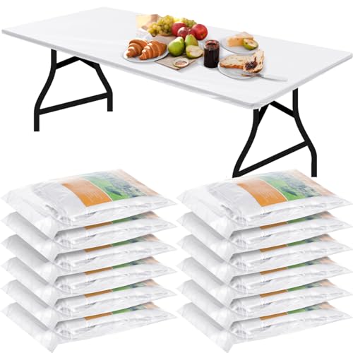 Image of Boao 12 Plastic Elastic Fitted Tablecloths, 6 Ft, 72 x 30 Inch, White