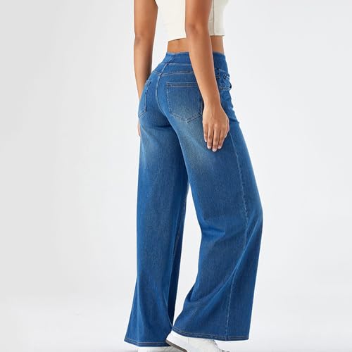 Women's Palazzo Denim Pants High Waisted Baggy Jean Pants Vintage Trendy Casual Loose Stretch Trouser with Pockets4