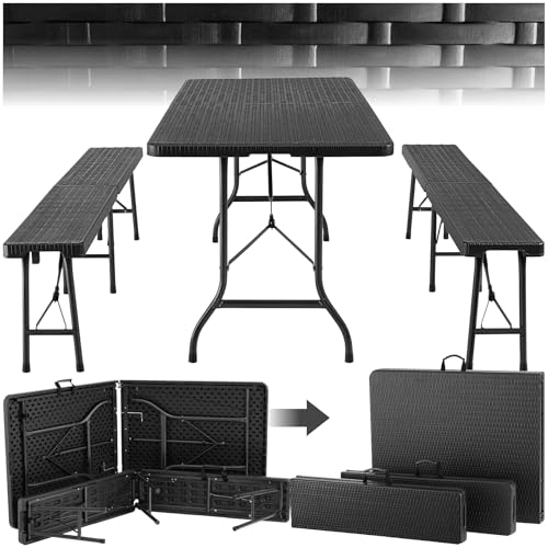 tectake® Ensemble de Table pliante de Pique Nique Table de Camping Pliante et 2x Banc de Jardin en Acier Aspect Rotin, Compacte Table Brocante Table a manger Table à tapisser avec Poignée de transport