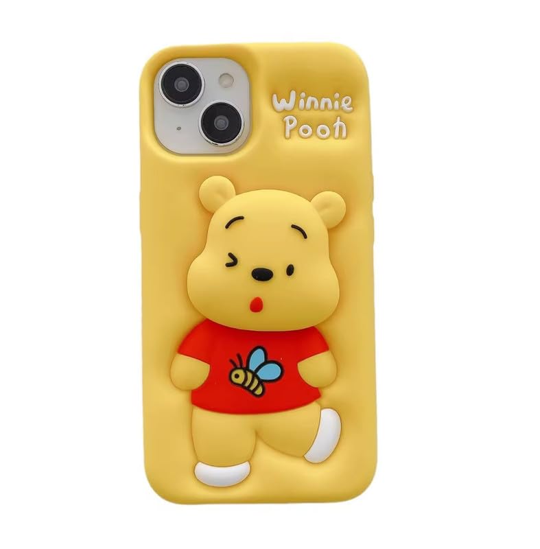 Image of Case Creation for iPhone 13 3D Cartoon Bear Pooh Case,Full Protective Winnie The Pooh Bee Animal Back Case with Holder Cute Soft Silicone Stylish Fashion Fun Aesthetic Cover for Apple iPhone 13