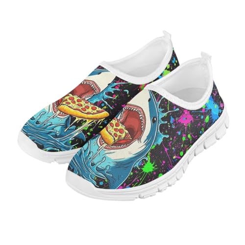 Fuxowvby Toddler's Shark Pizza Slip-On Low Top Sneakers Walking Casual Soft Hiking Shoes Breathable Lightweight Shoes Flat Shoes Holiday Cycling Shoes White US Size 14