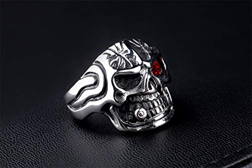 Hijones Men's Stainless Steel Cigar Skull With Red Cz Eye Biker Ring Vintage Silver Band, Size 11 #TOP1