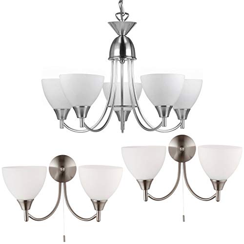 Image of Flush/Hanging 5 Bulb Ceiling & 2X Twin Wall Light Pack | Satin Chrome & Frosted Glass Shade | Matching Indoor Lamp Fittings | Modern/Vintage Lounge Bedroom Lighting Set | LED & Dimmable kit