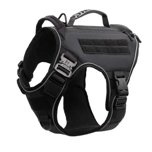 Heavy Duty Tactical Dog Harness with Metal Buckles and Zip Pocket for Large Dogs,German Shepherd Harness with Handle for Two-Way Pulling,Military Dog Harness for Walking Training and Hiking (Black,L)