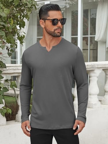 Hardaddy Men's V Neck Long Sleeve Ribbed Casual T-Shirt Classic Basic Solid Tee Shirts Deep Gray M — view 3