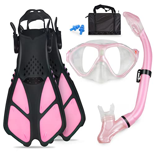 GoOsprey Snorkeling Gear for Kids with Panoramic Snorkling Mask+Foldable Dry Snorkel+Adjustable Fins+Travel Bags,Suitable for 5-12 Years Old Kids Children Youth Boys Girls