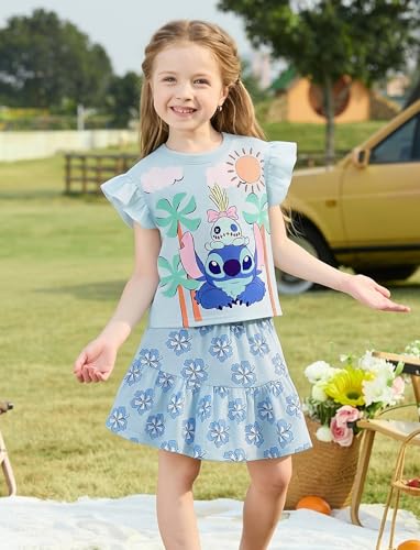 Image of Disney Frozen Elsa Minnie Mouse Stitch Princess Girls' Skirt Sets Ruffle Short Sleeve Clothes 2pcs Outfits Summer Dress 2-9Y
