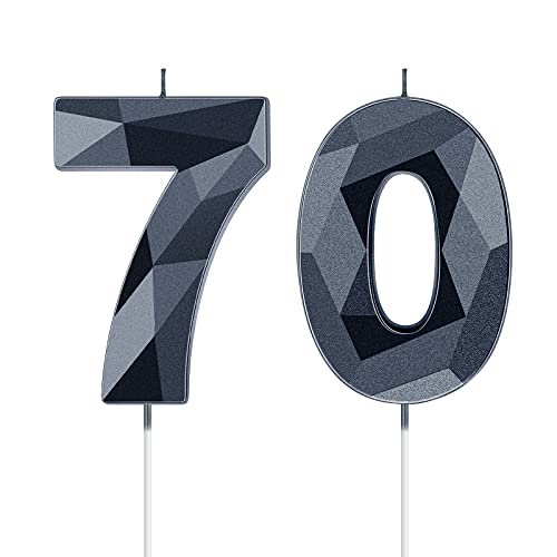 Nuanchu 70th Birthday Candles, Happy Birthday Cake Topper 3D Diamond Shape Numeral Sparkler Number Candles for Men Women Party Wedding Decoration Theme Party (Black)