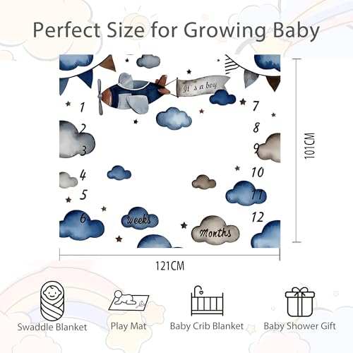 Image of Airplane Theme Baby Monthly Milestone Blanket for Boys, Soft Flannel Aircraft Pilot Cloud Stars Pattern Photography Prop Baby Shower Age Newborn Mom Gifts Nursery Decor (Gray Blue, 48x40in)