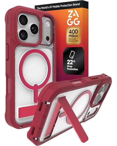 Image of ZAGG Rainier Case with Kickstand for iPhone 17 Pro - Red Black Cherry, Graphene 22ft (7m) Drop Protection, Lanyard Attach Points, MagSafe, Wireless Charging Compatible, 2-Piece Design, Phone Case