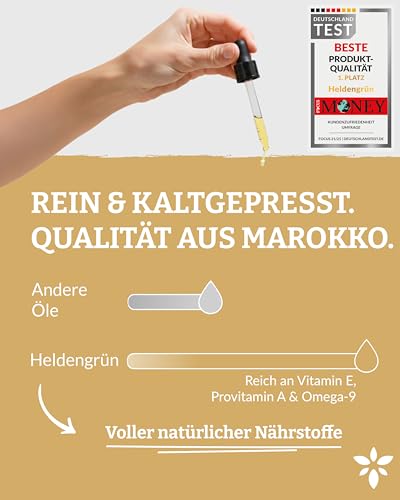 Heldengrün® Arganöl aus Marokko [100% NATURREIN] Dermatologisch getestet - Arganoel Haare für Glanz & Pflege - kaltgepresst & naturrein - Arganöl für Gesicht & Haut - 100 ml