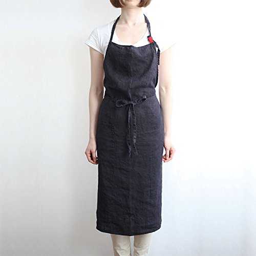 Linen Apron 4 Color, Unisex Adjustable Easy Care House Simple Long Apron Black