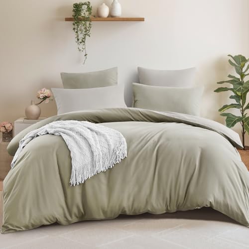 Aisbo Double Size Duvet Cover Set - 3Pcs Reversible Bedding Bed Set Taupe and Beige Double Soft Brushed Microfiber Quilt Cover with 2 Pillowcases 50x75cm