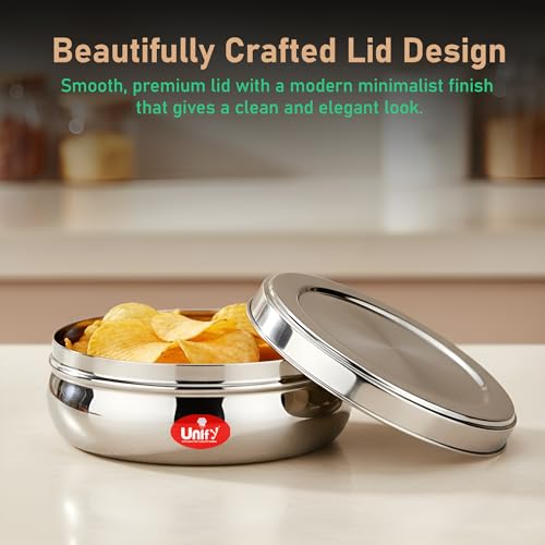Image of Unify Stainless Steel Belly Dabba Set of 3 | 880ml, 600ml, 400ml Multipurpose Kitchen Storage Containers | Food-Grade, Rust-Proof Steel Canisters with Tight-Fit Lids for Snacks & Daily Use