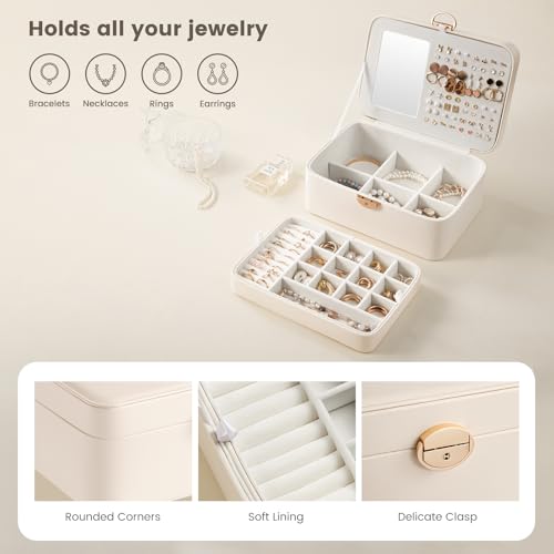 Lolalet Schmuckkästchen Reise, Organizer mit Spiegel für Ohrringe Armband Halskette Ring- Weiße