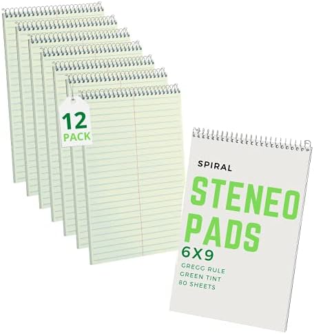 1InTheOffice Steno Pads 6x9, Steno Pads, Spiral Steno Pads, Gregg Rule, Green Tint, 6 x 9, 80 Sheets, 12 Pack