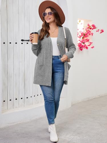AusLook Plus Size Women Long Sleeve Cardigan Light Gray 4X Open Front Button Down Lightweight Casual Sweater Cover Ups Shrugs Shawls and Wraps Kimono Jacket Coat with Pockets — view 4
