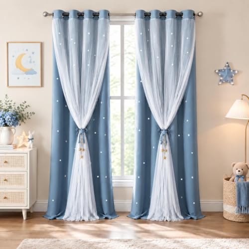 Kinryb Stone Blue Kids Star Cutout Curtains for Bedroom 70W x 95L 2 Panels