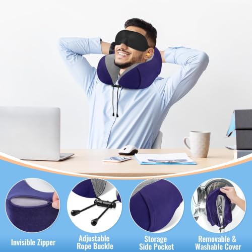 Image of CloudBliss Travel Pillows for Airplane, 2 Pack Memory Foam Neck Pillows for Travel, Compact Neck Pillow for Long Flight, Car & Office, Plane Accessories with Eye Mask, Earplugs, Carry Bag, Black &Navy