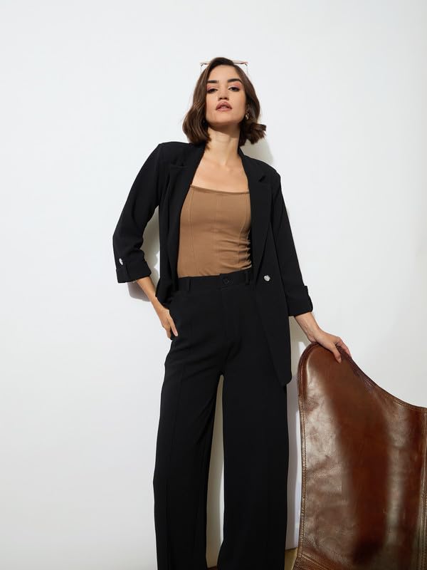 Image of Black Front Dart Textured Palazzo Pants
