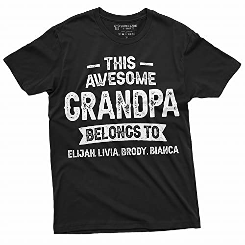 This Grandpa Belongs to Grandkids Custom Name Personalized T-Shirt Grandfather Gift Tee (Large Military Green)