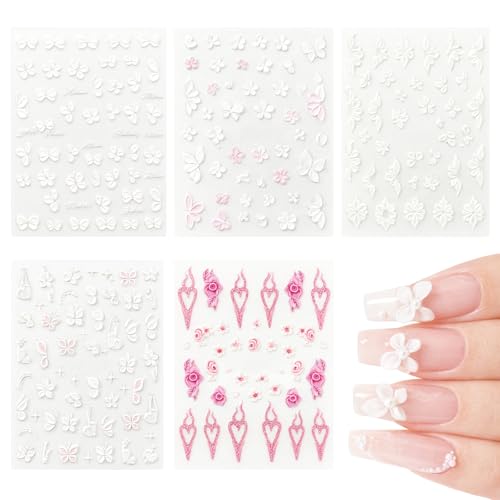 Embossed White Floral Nail Stickers Set – 5 Sheets Self-Adhesive 3D Flower & Butterfly Nail Decals for Spring Manicure and Elegant Nail Art