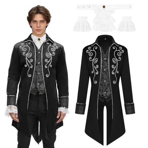 JDFAIJEAL Veste Médiévale Steampunk pour Homme, Veste Gothique Victorienne Vintage, Costumes de Cosplay pour Halloween, Pirate Vampire (Noir, XL)