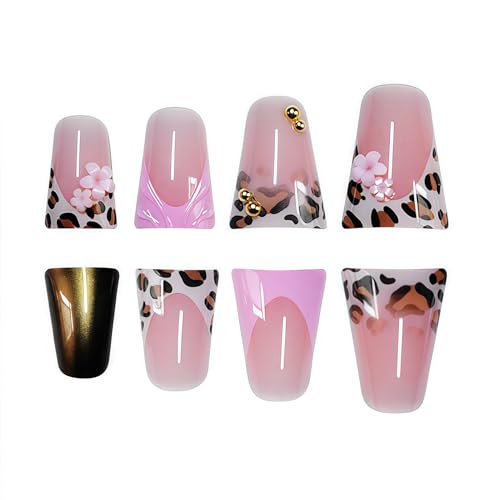 Image of Leopard Print Press on Nails French Tip Fake Nails Duck False Nail with Flower Design Glossy Full Cover Artificial Acrylic Nail Bronze Stick on Nail for Women Manicure 24Pcs