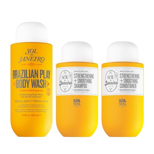 Sol de Janeiro Ultimate Shower Bundle - Brazilian Play Moisturizing Shower Cream Gel Body Wash, Brazilian Joia Damage Repairing Shampoo and Conditioner Set