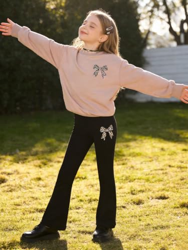 Image of Tween Girls Clothes Long Sleeve Graphic Sweatshirt Top + Bow Knot Pants 2 Piece Outfit Set, Size 7-16Years