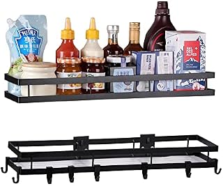 YunNasi Spice Rack Wall Mounted No Drilling 2 Tier with 8 Hooks Black Metal Shelf Adhesive Hanging Spice Organizer Bathroom Shelf Ideal for Kitchen Pantry and Bathroom, (50cm, Matte Black)