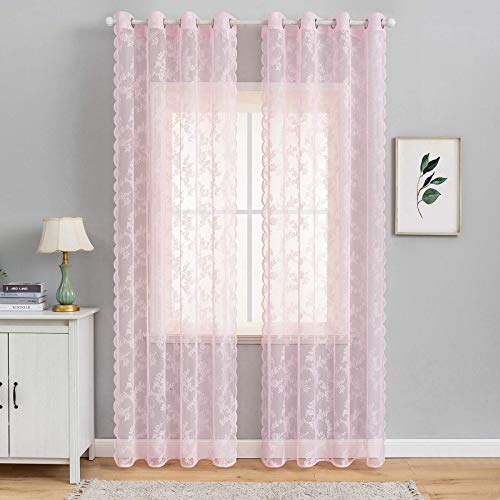MIULEE 2 Panels Curtains Sheer Lace Curtain Panel Lace Embroidered Sheer Flora Design Grommet Window Voile Panels Drape Treatment Home for Bedroom Living Room 150 x 225 cm 59" Wx 88" L Pink - Image 2