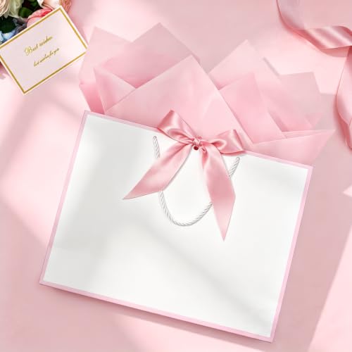 Image of JMANNI Gift Bags with Handles, 13 inch Medium Gift Bag for Presents, 2 Pcs Bags with 4 Tissue Paper and 2 Cards for Graduation Baby Shower Wedding Fathers Day Mother's Day Birthday Party(white pink)