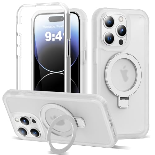 Compatible with iPhone 14 Pro Max Case with Magnetic Ring Stand [Compatible with Mag-Safe] [Built-in Screen Protector] Military-Grade Drop Protection Matte Translucent Phone Case, White