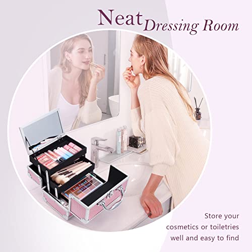 Frenessa Makeup Train Case Cosmetic Case Organizer Portable Makeup Box 2 Trays With Lockable Mirror Makeup Storage Organizer For Girls Makeup Artist, Makeup Tools, Hairstylist Travel Makeup Case Glitter Pink #TOP6