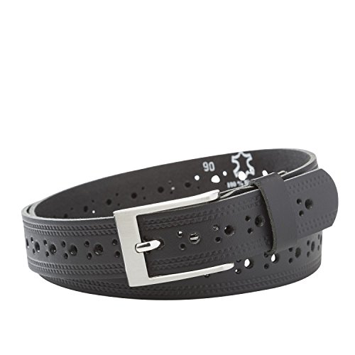 INVIDA Skórzany pasek unisex PERFO czarny Szerokość w pasie 90-120 cm Skóra bydlęca Buckle Belt bezniklowy (Xxl-22965-002), kolor: czarny , rozmiar: 100