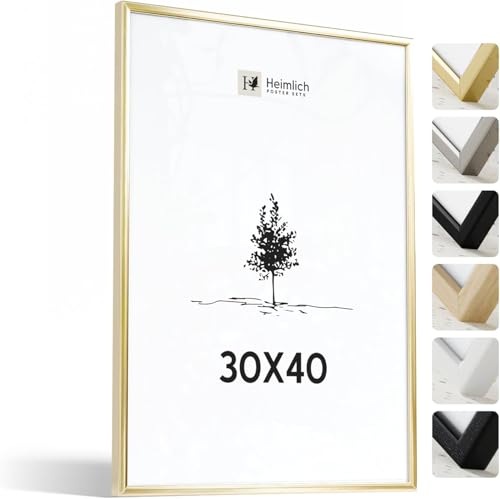 Heimlich® - Bilderrahmen - 30x40 cm, Aluminium, Gold - Großer Dokumenten-/Diplomrahmen mit Kunststoffabdeckung - Nur zur Wandmontage