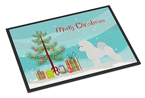 Caroline's Treasures BB2963MAT Bichon Frise Merry Christmas Tree Doormat 18x27 Front Door Mat Indoor Outdoor Rugs for Entryway, Non Slip Washable Low Pile, 18H X 27W