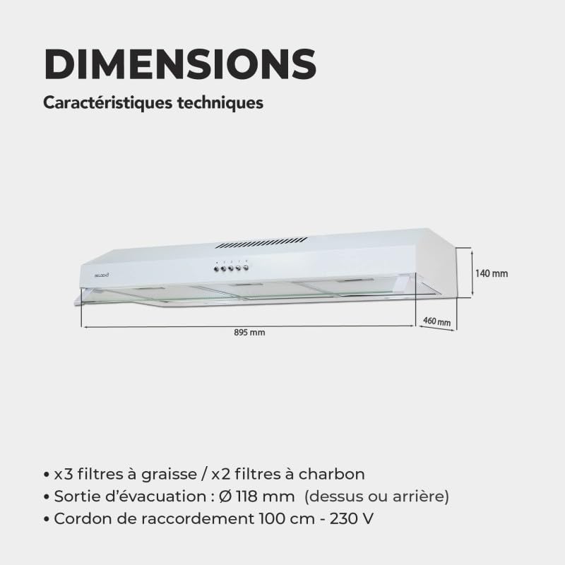 BELDEKO Hotte Casquette 90 cm Blanc 438 m3/h 200W - Marque Française