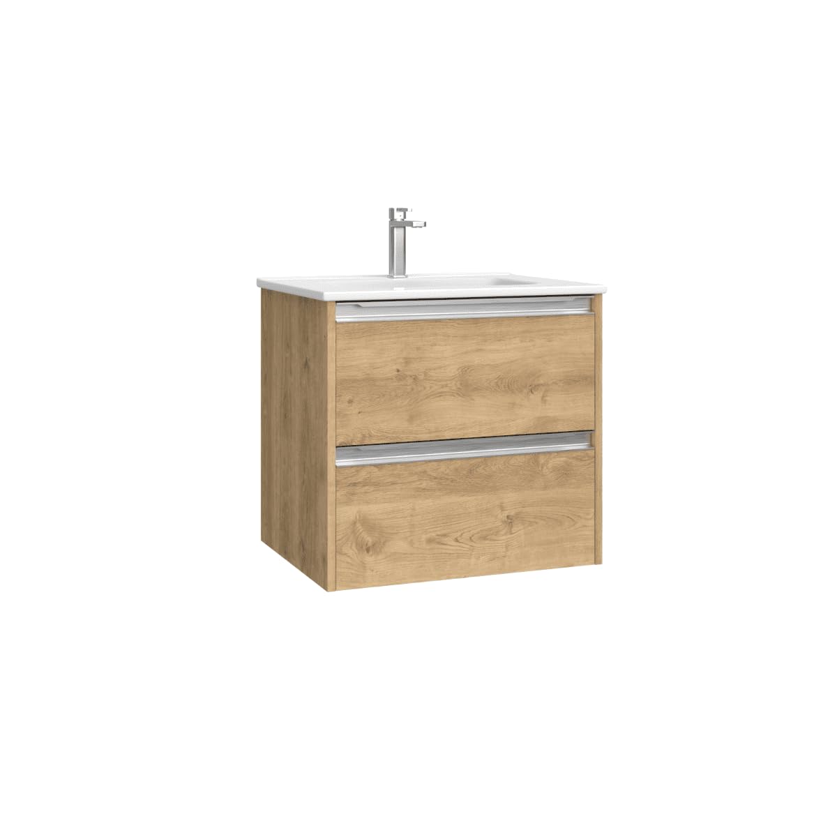 Mueble de Baño Suspendido con Lavabo Cerámico| Mueble Volado 2 Cajones con Tirador | 100 cm Roble Natural Tirador Cromo