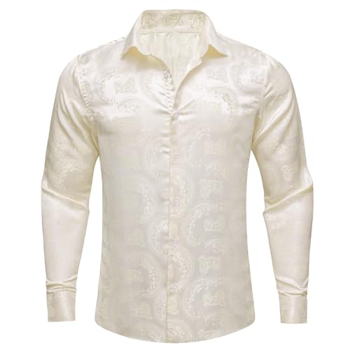 Barry.Wang Fashion Men Shirts Silk Paisley Flower Long Sleeve Dress Shirt for Wedding/Formal/Casual Button Down
