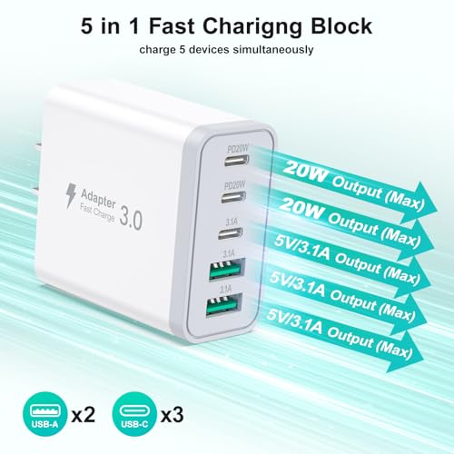 USB C Charger Block, Besgoods Multiple Ports Fast Charging Block 50W USB-C USB A Phone Charger Wall Plug 5 Devices 6ft Braided C to C Cable for iPhone 17 16 Pro Max 15 14 13 12 iPad Pro Galaxy, 2Pack - image 2