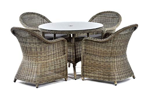 BrackenStyle Regent Rattan 4 Seat Dining Set - 100cm Round Garden Dining Table & 4 Arm Chairs Set - Luxury Patio Furniture - Tempered Glass Top with Parasol Hole