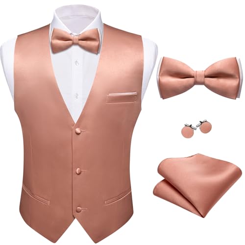 Image of Barry.Wang Mens Suit Vest Bow Tie Set 4PCS Formal V-neck Slim Fit Casual Solid Color Waistcoat Wedding Party Tuxedo