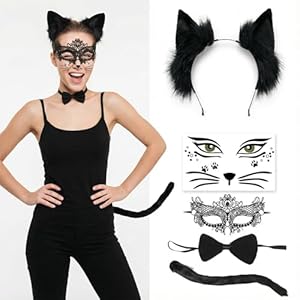 Sunwuun 5 Stück Karneval Katzenkostüm Damen,Kostüm für Katzen,Maske,Glitzer Gesicht,Katzenohren Haarreif Erwachsene,Fliege,Schwanz für Halloween,Karneval,Kostümfe... Cosplay (Schwarz)