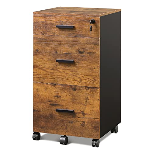 DEVAISE 3 Drawer Rolling File Cabinet with Lock, Wood Filing Cabinet fits Letter / A4 Size for Home Office, Rustic Brown